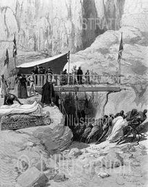 Extraction de sarcophages à Deir-el-Bahari, gravure de Bellenger, 1891 Extraction de sarcophages à Deir-el-Bahari, gravure de Bellenger, 1891