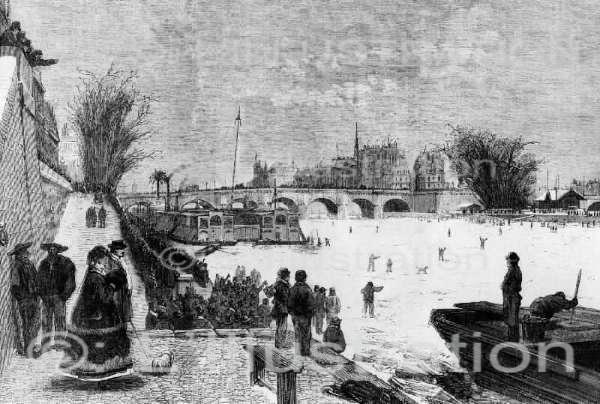 La Seine recouverte de glace, en 1868. Gravure d'après le dessin de Ferat.