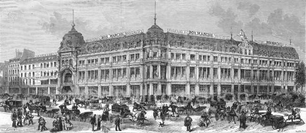 Vue générale du magasin Au Bon Marché à Paris en 1874. Gravure d'après le dessin de Fichot.