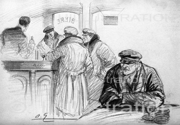 Discussion dans un bar après l'enlèvement du général Koutiepof à Paris, dessin de Galland, 1930.