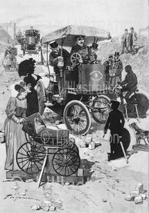 Pistes d'apprentissage pour conduire les fiacres électriques à Aubervilliers, dessin de Haenen, 1898. Pistes d'apprentissage pour conduire les fiacres électriques à Aubervilliers, dessin de Haenen, 1898.