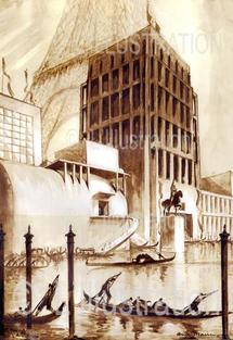 Pavillon de l'Italie à l'exposition universelle de 1937 à Parix, dessin d'André Maire.