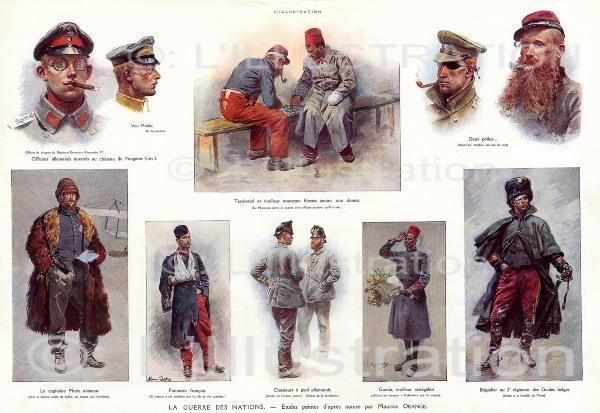 Les différentes tenues militaires, peinture de Maurice Orange, 1915. Les différentes tenues militaires, peinture de Maurice Orange, 1915.