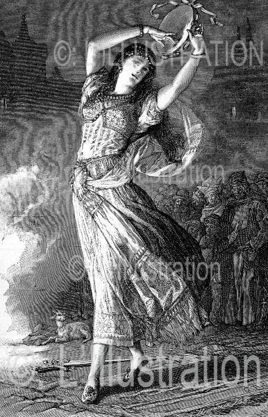 Esmeralda dansant sur la place de Grève, gravure de Pannemaker, 1831. Esmeralda dansant sur la place de Grève, gravure de Pannemaker, 1831.