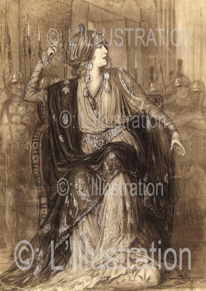 Sarah Bernhardt dans Athalie, dessin de Simont, 1920.