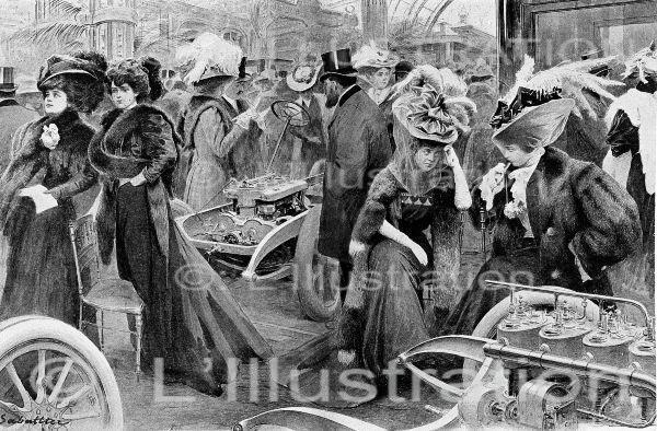 Salon de l'automobile au Grand Palais à Paris, dessin de Sabattier, 1906. Salon de l'automobile au Grand Palais à Paris, dessin de Sabattier, 1906.