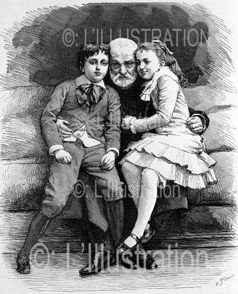 Victor Hugo et ses petit-enfants, gravure de Thiriat, 1881.