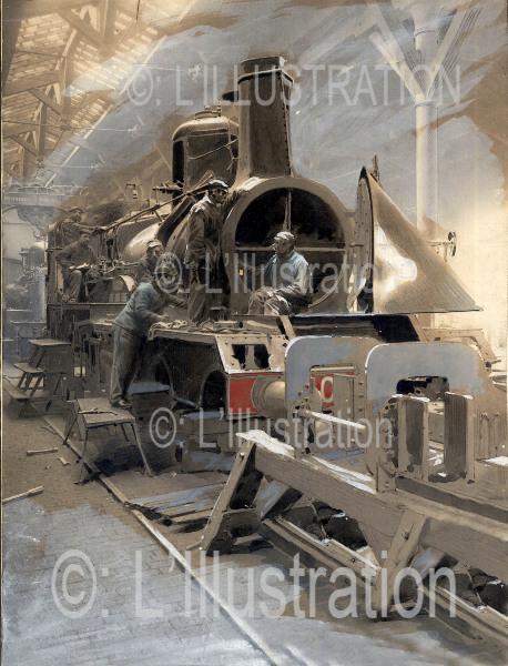 Dans un atelier, une locomotive à bec en réparation, 1898 Dans un atelier, une locomotive à bec en réparation, 1898
